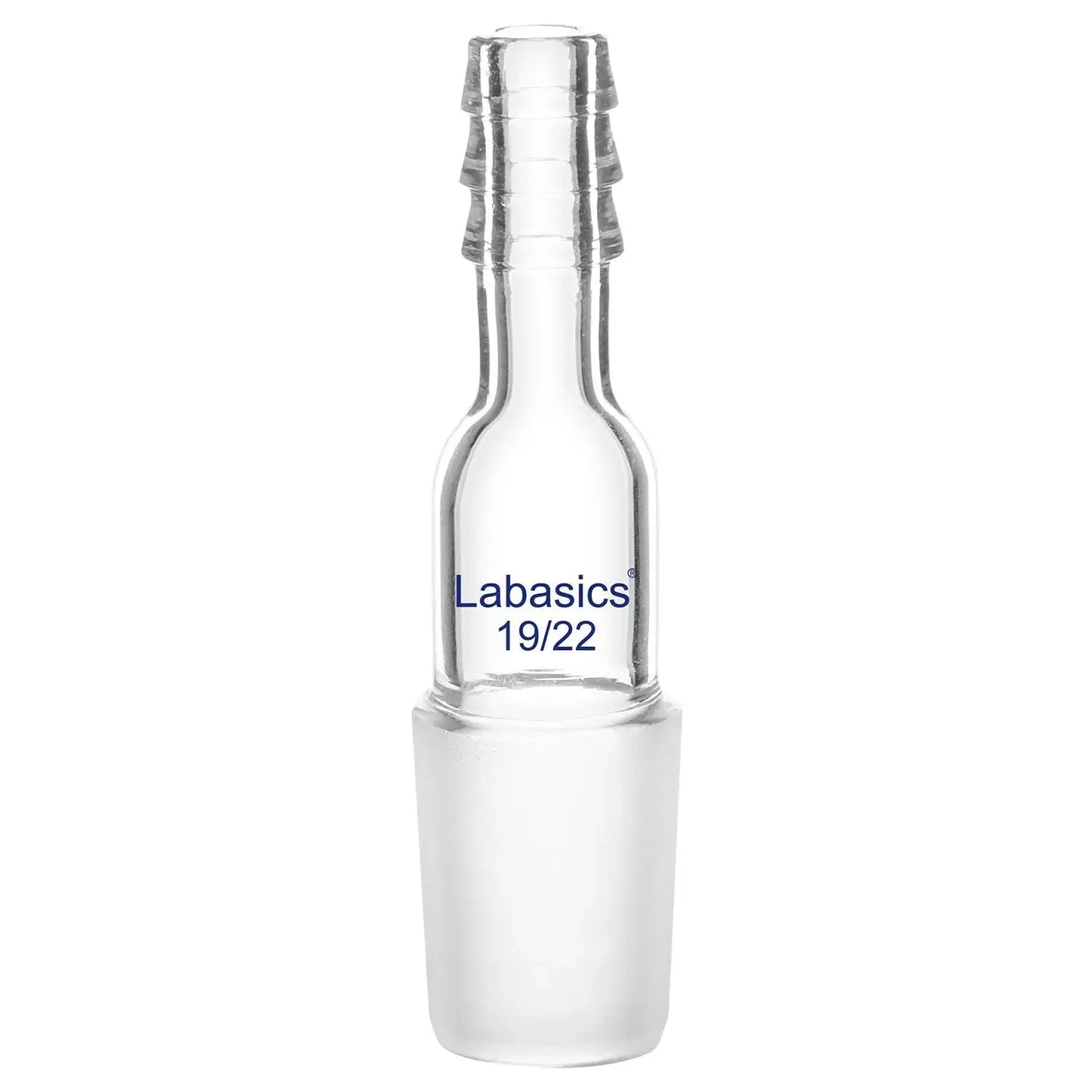 Glass straight inlet distilling adapter, 19/22 joint, heat-resistant up to 250°C, compatible with lab hoses for safe distillation