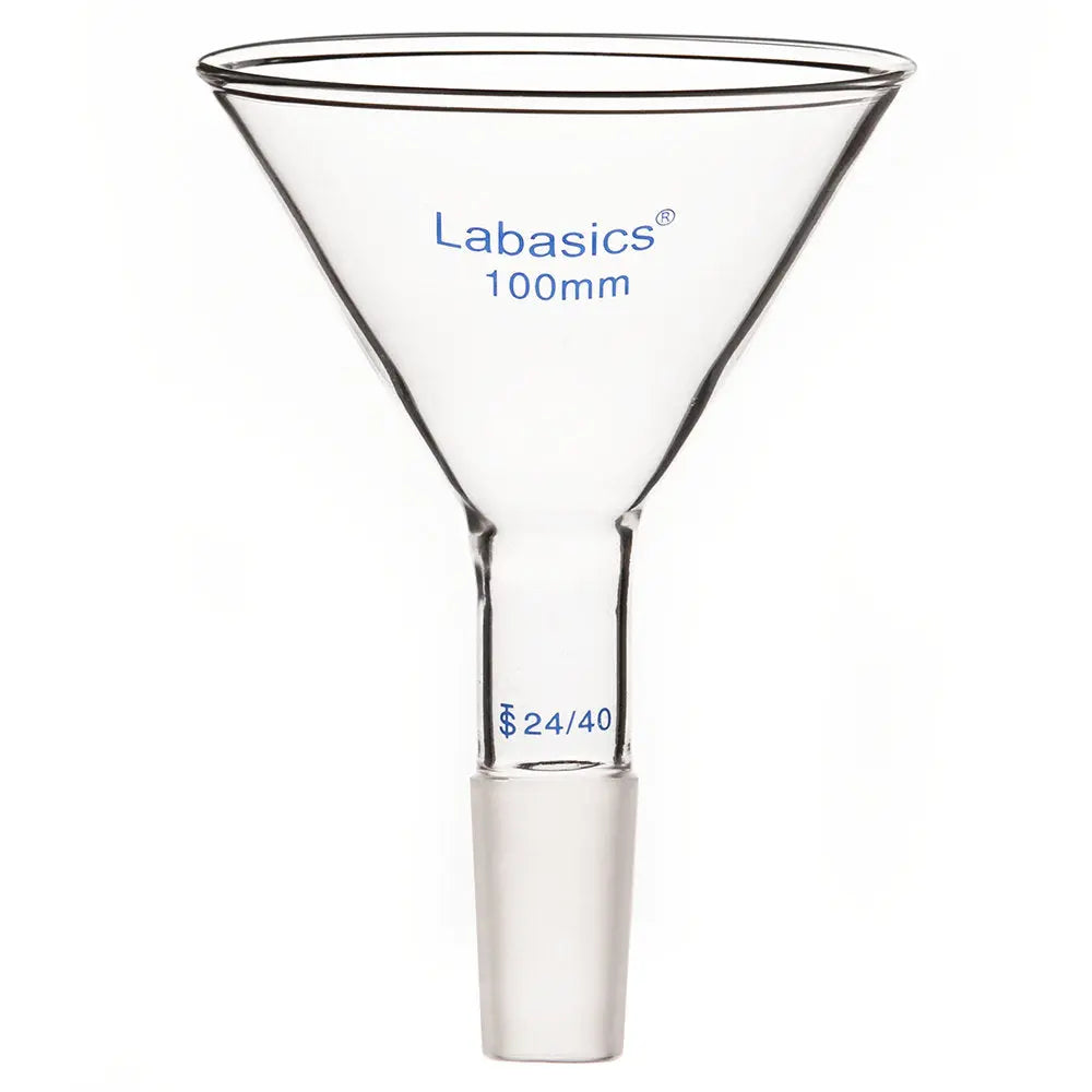 100 mm borosilicate glass powder funnel, reusable, 24/40 joint, short stem, suitable for precise chemical transfer in labs