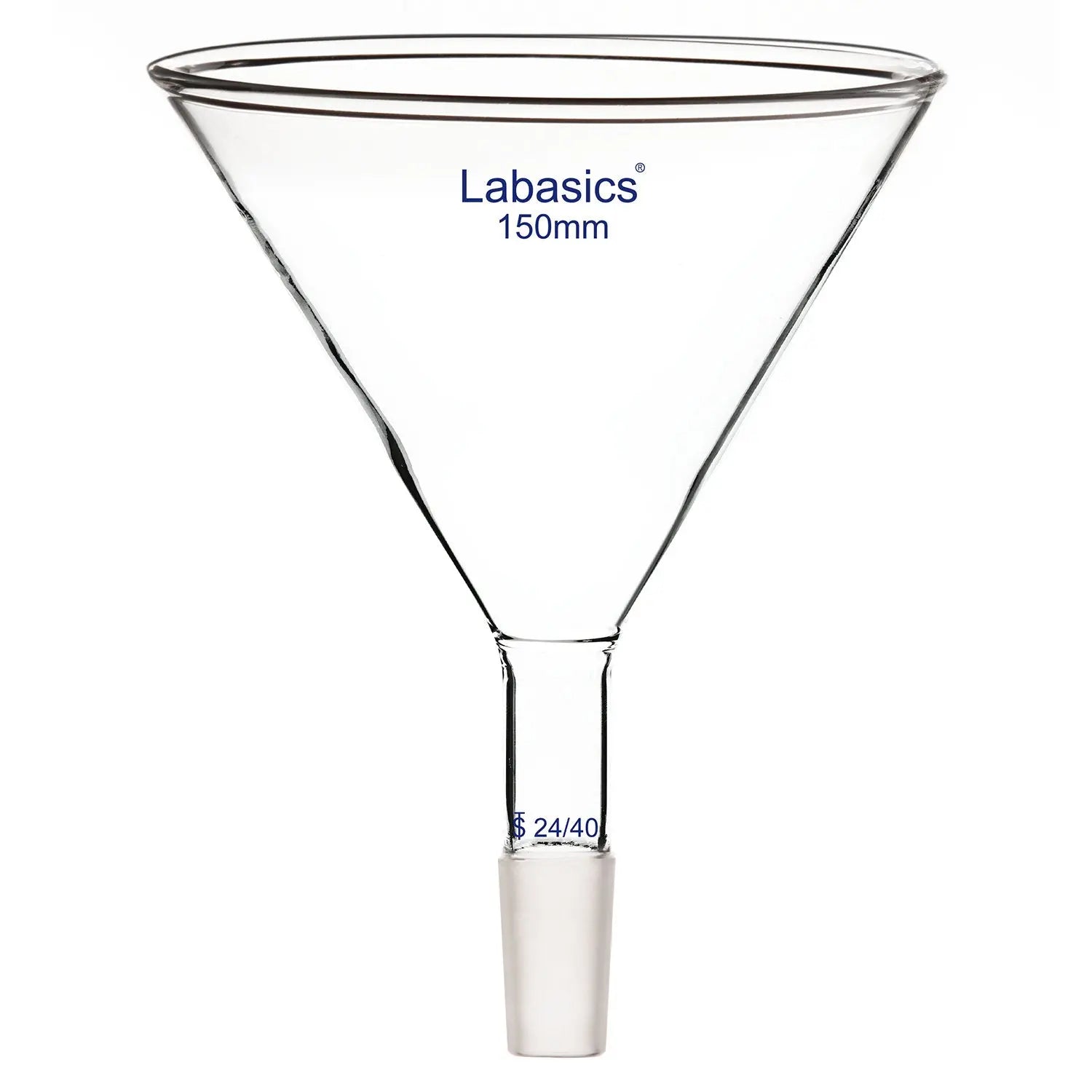 150 mm borosilicate glass powder funnel, 24/40 joint, short stem, thick-walled and high-transparency, lab-scale material transfer