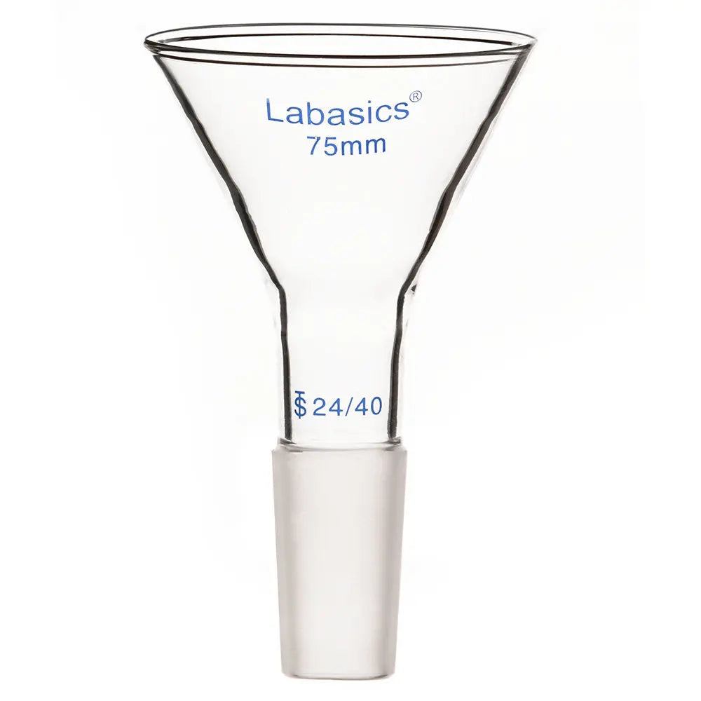 75 mm borosilicate glass powder funnel, heavy-duty design, 24/40 joint, short stem, perfect for laboratory powder handling
