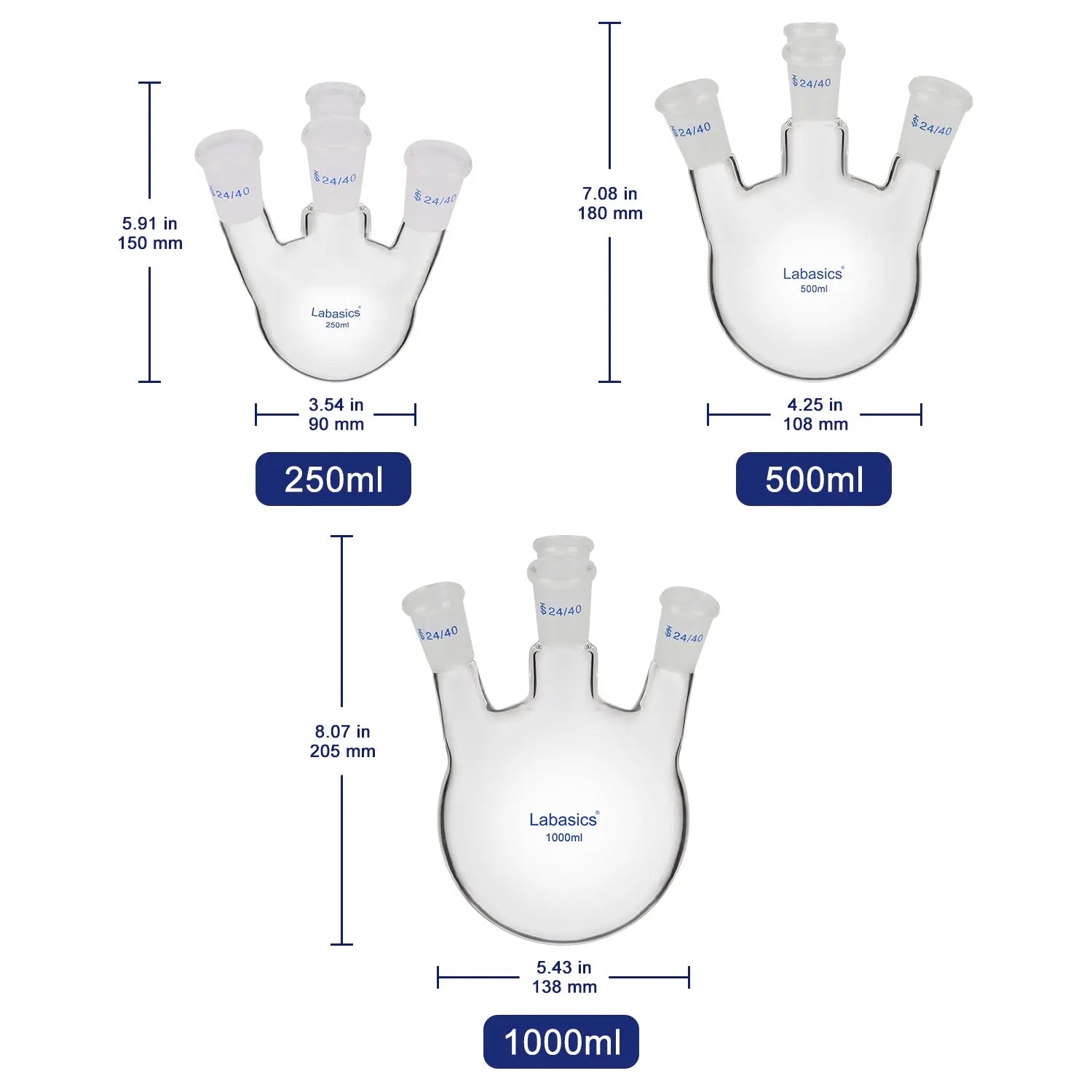 4 Neck Round Bottom Flask, Angled Neck, 24/40 Joints, 250-1000 ml Labasics