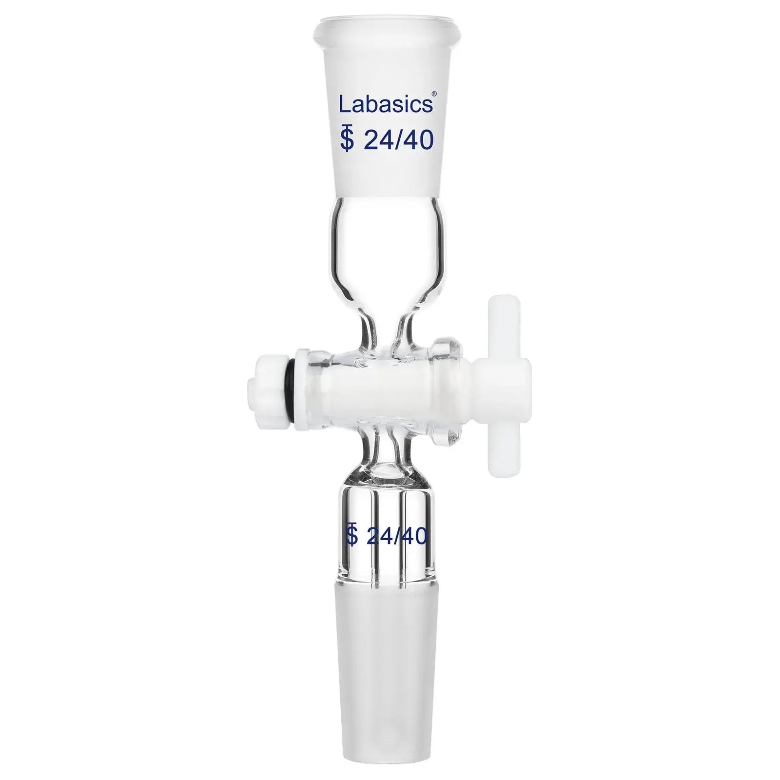 Glass vacuum flow control adapter with dual 24/40 outer joints, PTFE stopcock, suitable for accurate flow control in chemical and laboratory setups