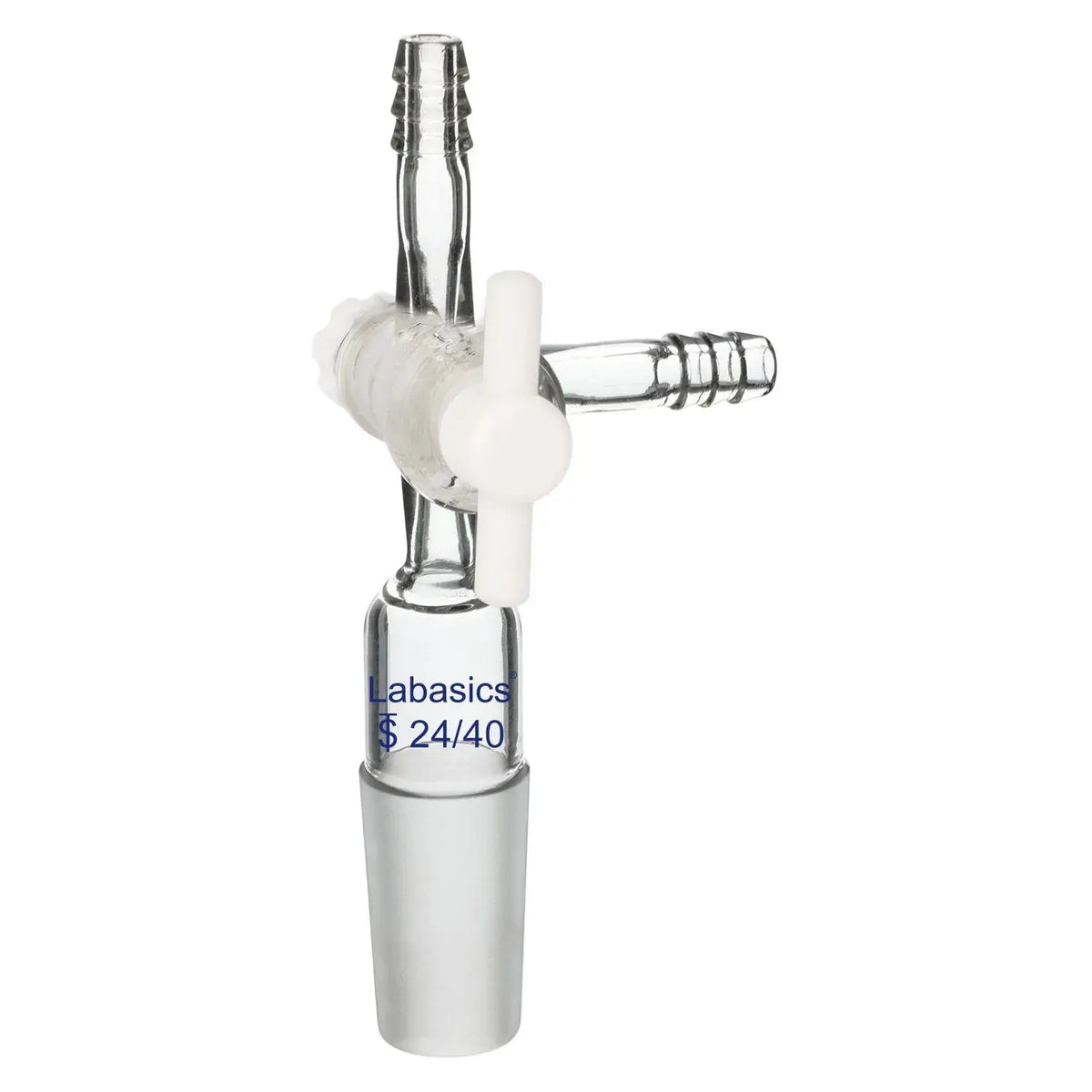 3-way borosilicate glass vacuum flow control adapter with PTFE stopcock, 24/40 joint, heavy-duty and reusable for lab reactions