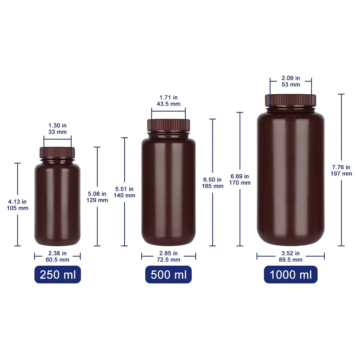 HDPE Wide Mouth Amber Reagent Bottle, 2-Pack, 250-1000 ml Labasics