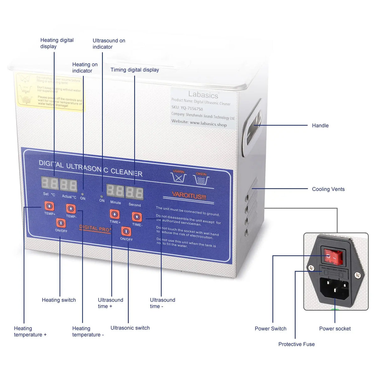 Ultrasonic Cleaner with Digital Display Timer and Heat Control, 220V