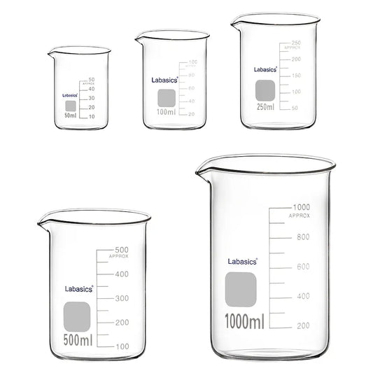 Glass Beaker Set Graduated Low Form Griffin Beakers in 5 Sizes, Combo Pack