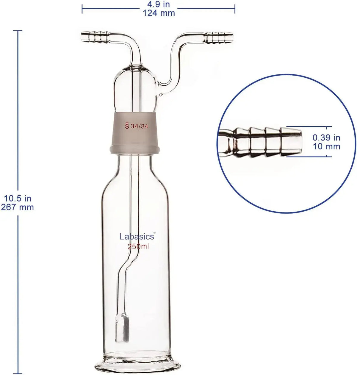 250 ml borosilicate glass gas washing bottle with 20 µm fritted tube and 34/34 ground joint for laboratory gas absorption