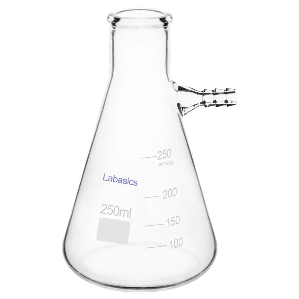 Filtering flask, 250 mL capacity, borosilicate glass, narrow neck design, used for vacuum filtration and solution transfer