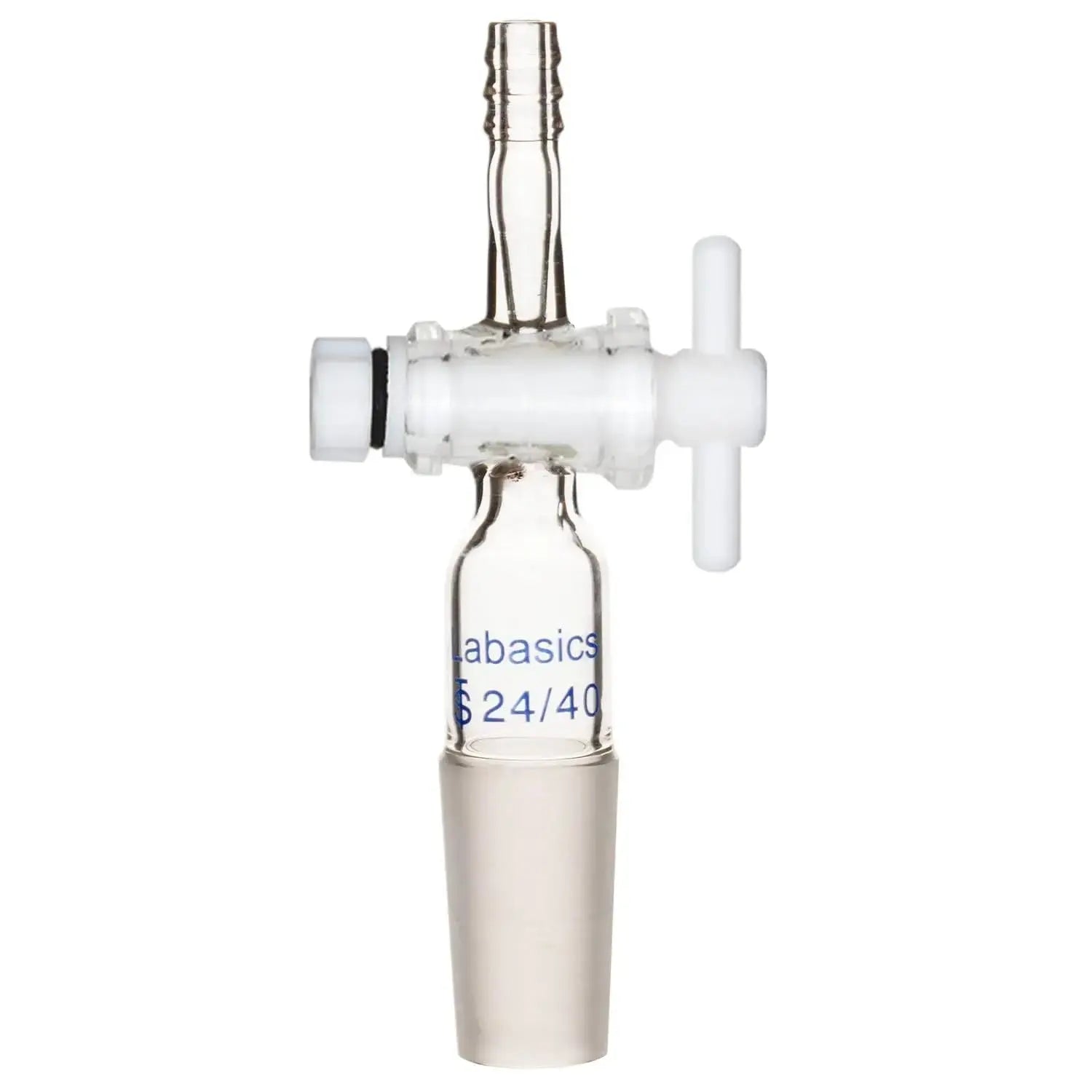 Borosilicate glass vacuum flow control adapter with 24/40 joint and straight hose connection, PTFE stopcock, reusable for lab distillation and chemical experiments