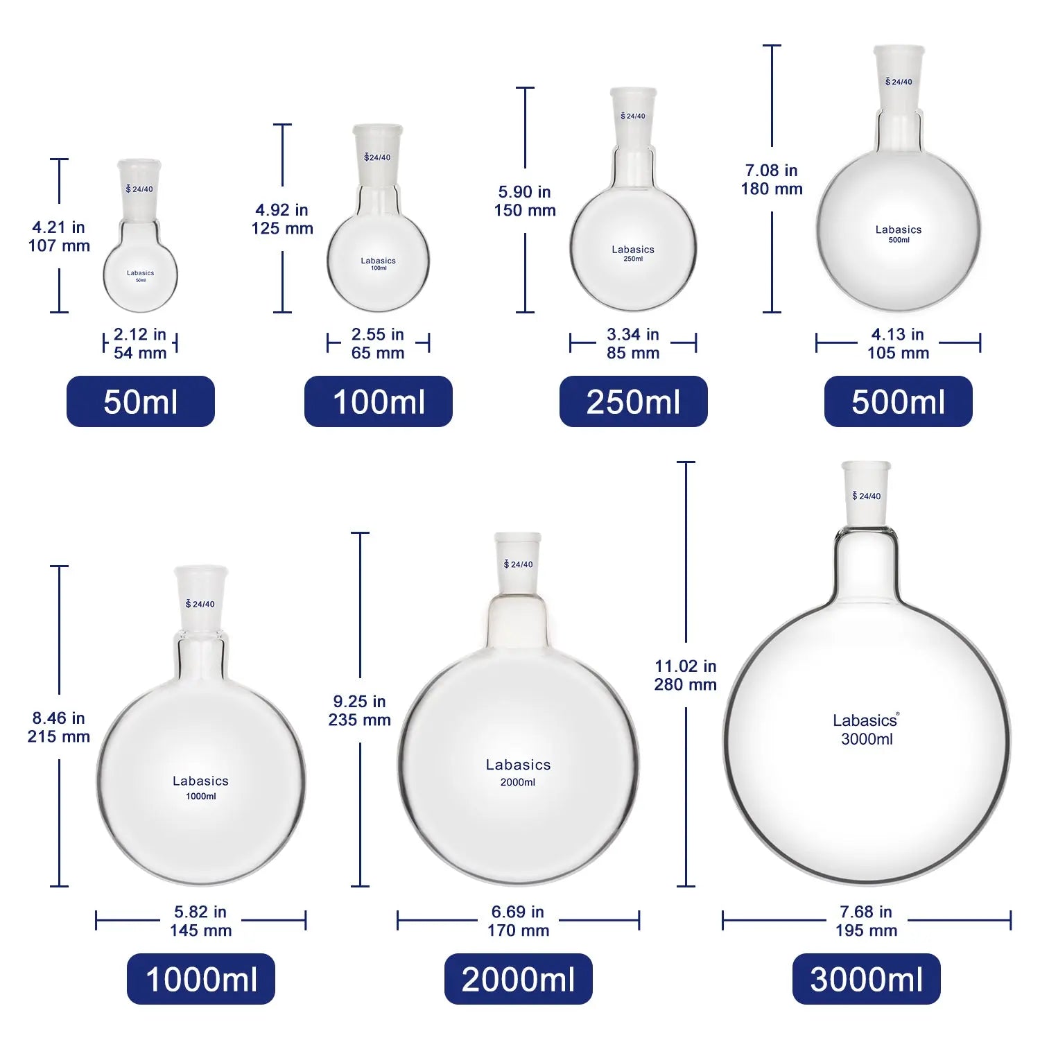 Glass Round Bottom Flask, 24/40 Standard Taper Outer Joint, 50-2000 mL Labasics