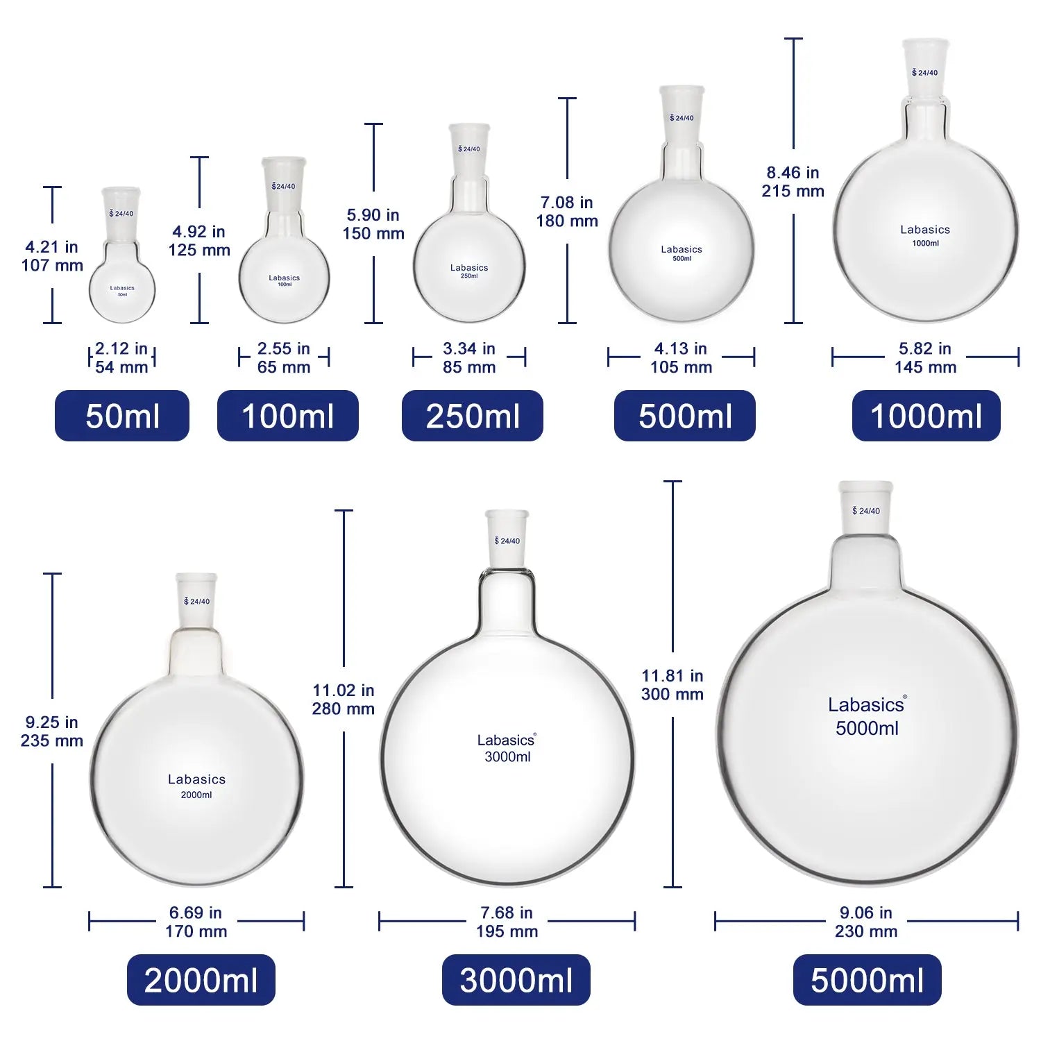1 Neck Round Bottom Flask, 24/40 Joint, 50-5000 mL Labasics