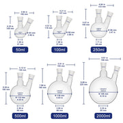 2 neck flat bottom flask set, all sizes from 50 ml to 2000 ml, borosilicate glass with 24/40 joints