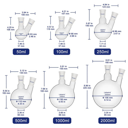 2 Neck Glass Flat Bottom Flask, 24/40 Standard Joint, 50-2000mL Labasics