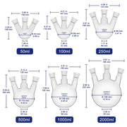 3 neck flat bottom flask set, all sizes from 50 ml to 2000 ml, borosilicate glass with 24/40 joints