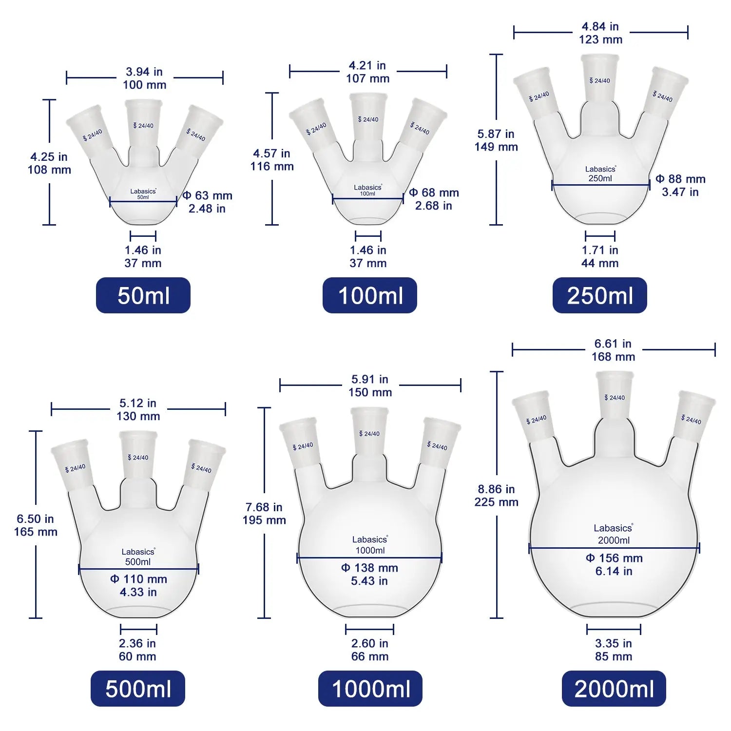3 neck flat bottom flask set, all sizes from 50 ml to 2000 ml, borosilicate glass with 24/40 joints