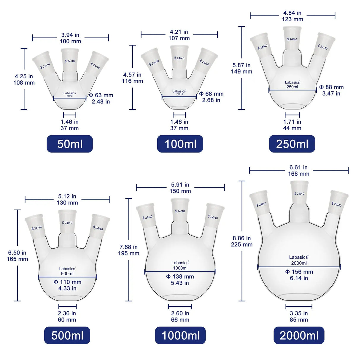 3 neck flat bottom flask set, all sizes from 50 ml to 2000 ml, borosilicate glass with 24/40 joints