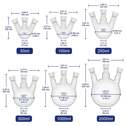 3 neck flat bottom flask set, all sizes from 50 ml to 2000 ml, borosilicate glass with 24/40 joints