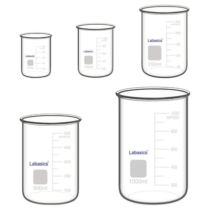 Graduated borosilicate glass beaker set in five capacities from 50 mL to 1000 mL