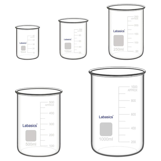 Graduated borosilicate glass beaker set in five capacities from 50 mL to 1000 mL