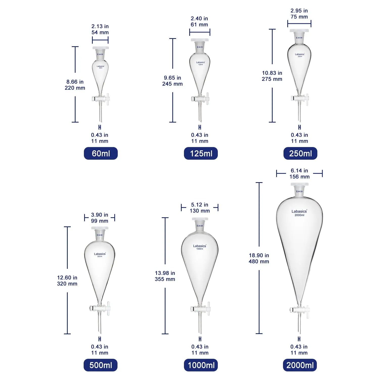 Conical Separatory Funnel, 24/29 Joints, 60-2000 mL Labasics