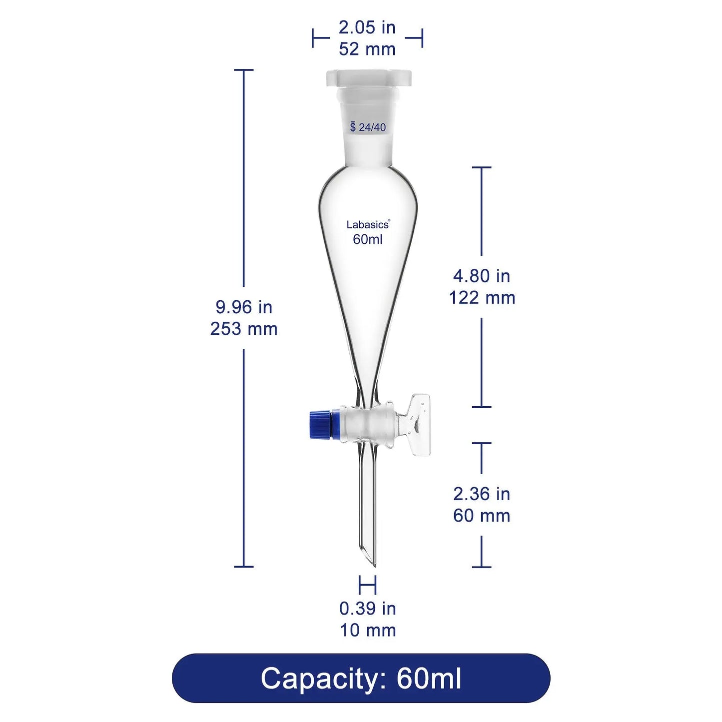 Conical Separatory Funnel with Glass Stopcock and 24/40 Plastic Joint Stopper, 60 – 1000 mL Labasics shop
