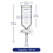 Graduated dropping funnel in 100 mL sizes with labeled dimensions