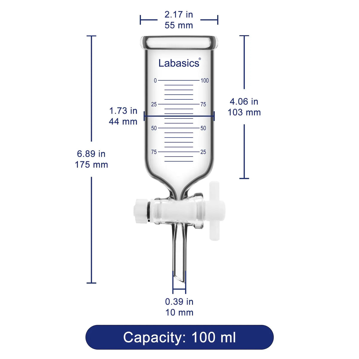 Graduated dropping funnel in 100 mL sizes with labeled dimensions