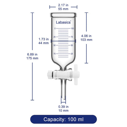 Graduated dropping funnel in 100 mL sizes with labeled dimensions