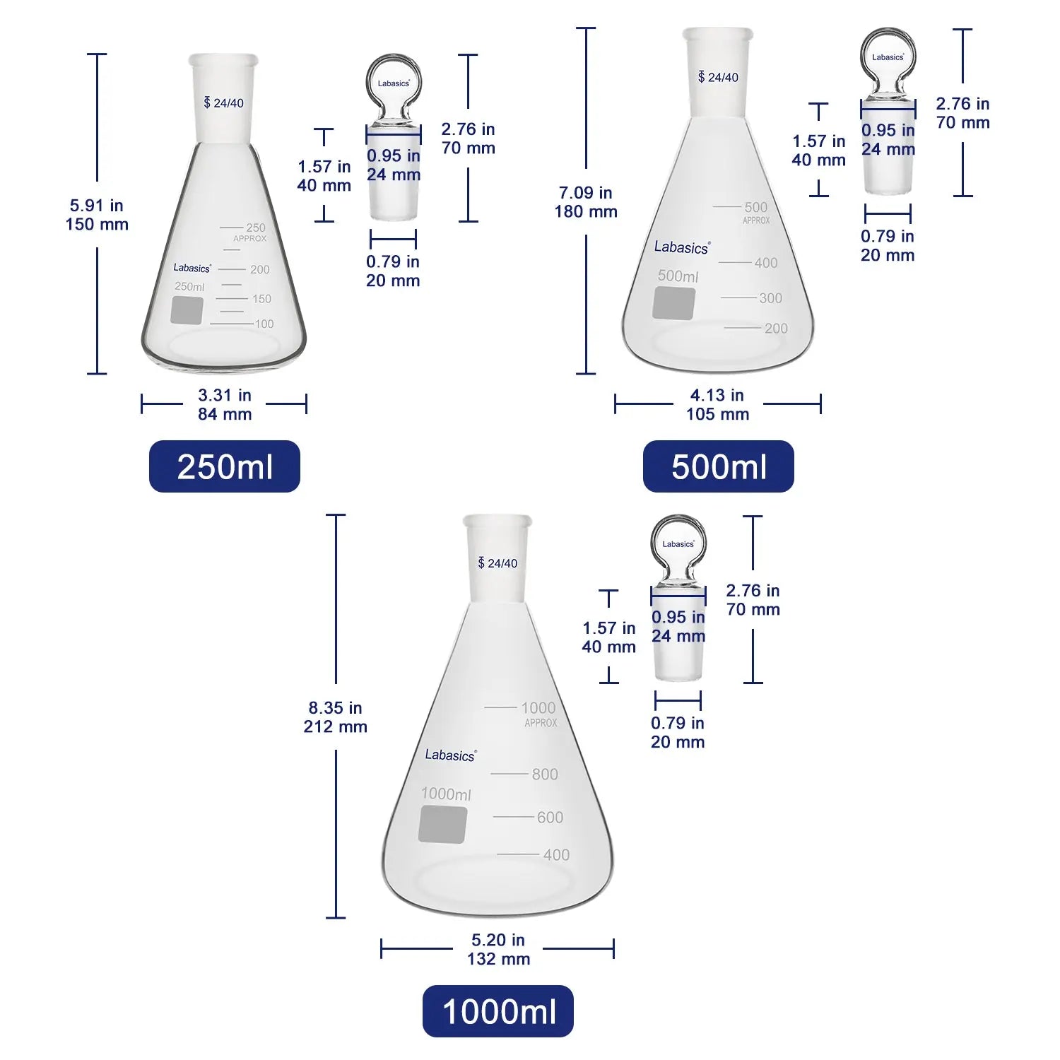 Erlenmeyer Flask with Glass Stopper, 24/40 Joint, 250-1000 mL Labasics Shop