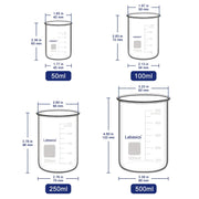 Glass beaker size chart from 50 ml to 500 ml, spoutless borosilicate beakers for laboratory use