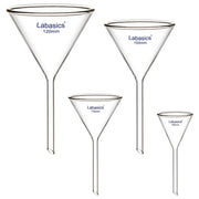 50 mm: Borosilicate glass funnel, 50 mm diameter and 50 mm stem, short stem design for laboratory filtration
75 mm: Glass funnel, 75 mm short stem, borosilicate material, for filter paper solvent separation in lab use
100 mm: 100 mm borosilicate glass funnel, short stem, used for laboratory liquid filtration and transfer
120 mm: 120 mm glass funnel, short stem design, borosilicate construction, for lab filtration applications