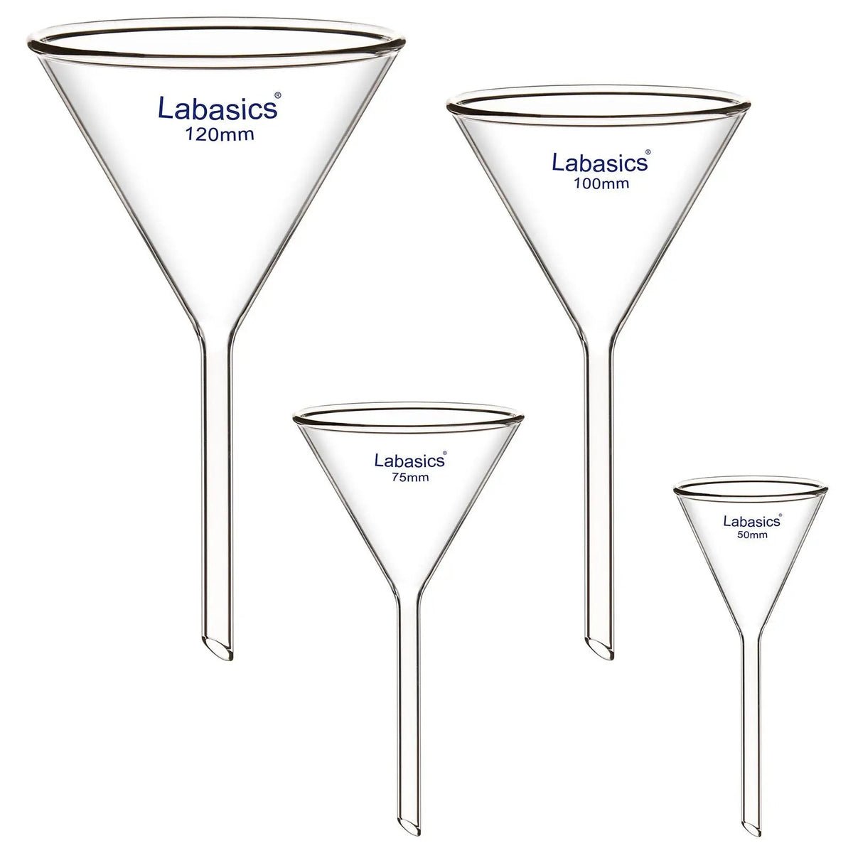50 mm: Borosilicate glass funnel, 50 mm diameter and 50 mm stem, short stem design for laboratory filtration
75 mm: Glass funnel, 75 mm short stem, borosilicate material, for filter paper solvent separation in lab use
100 mm: 100 mm borosilicate glass funnel, short stem, used for laboratory liquid filtration and transfer
120 mm: 120 mm glass funnel, short stem design, borosilicate construction, for lab filtration applications