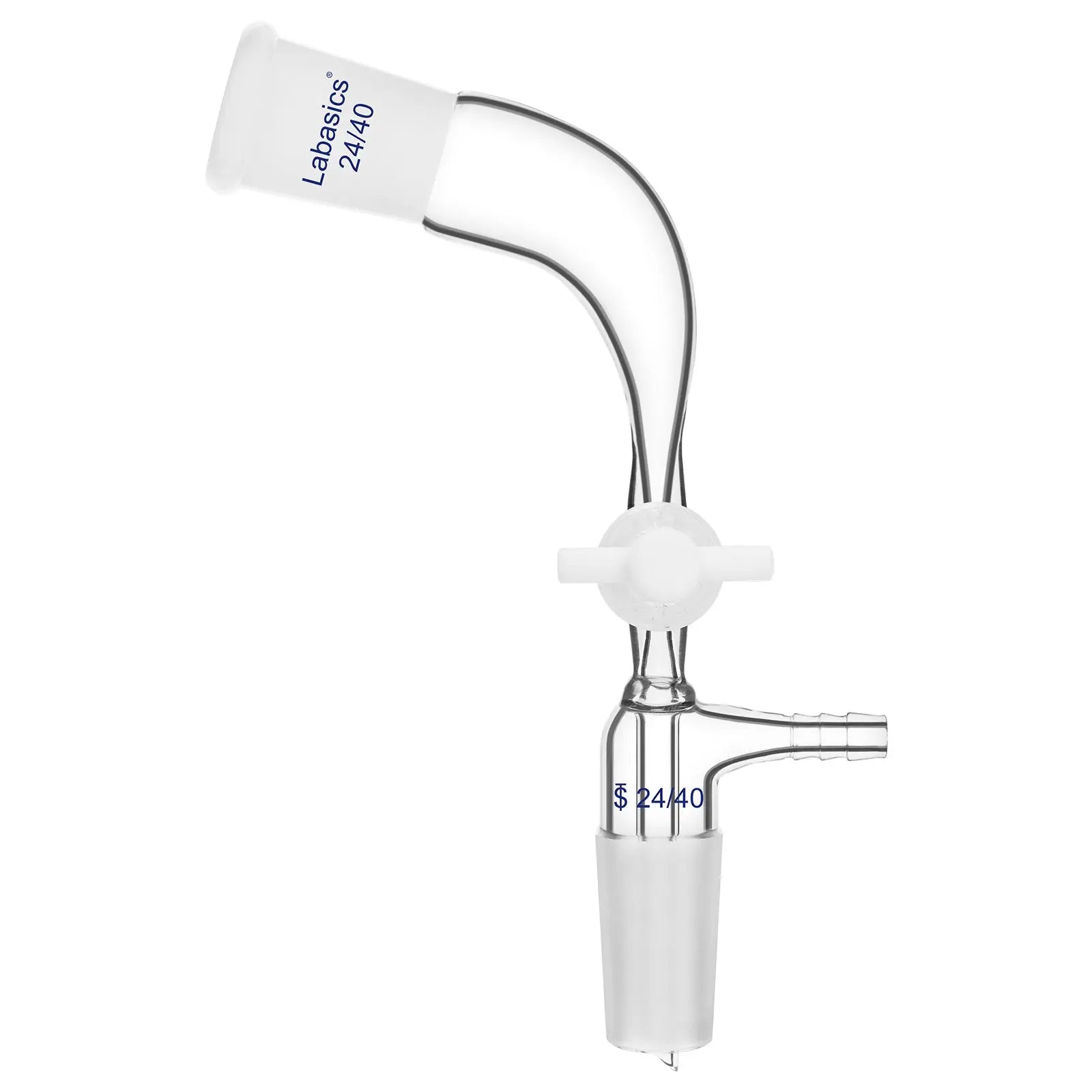 Glass vacuum take-off adapter, 24/40 joint with 105° bend and PTFE stopcock, heat- and chemical-resistant, for laboratory fluid transfer