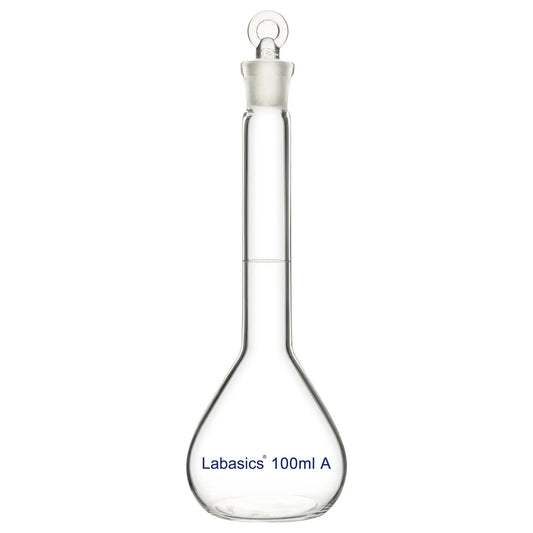 Front view of clear 100 ml glass volumetric flask with precise capacity markings