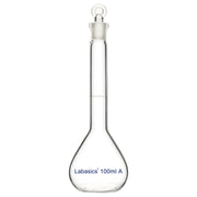 Front view of clear 100 ml glass volumetric flask with precise capacity markings