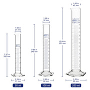 Measuring cylinder available in 50 mL, 100 mL, and 250 mL capacities with labeled dimensions