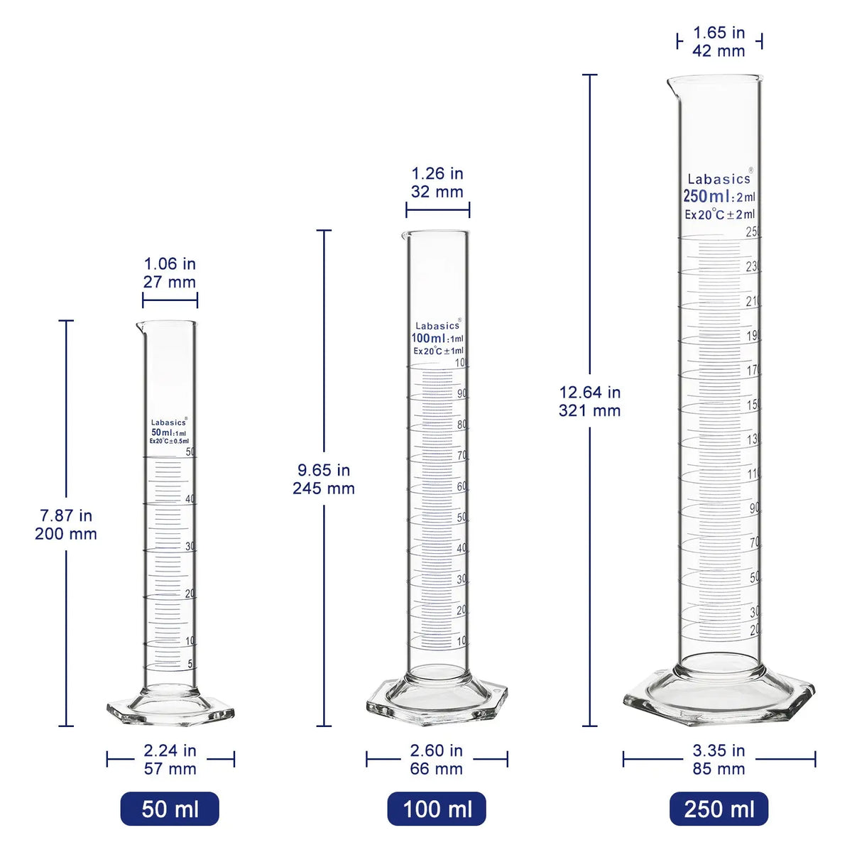 Measuring cylinder available in 50 mL, 100 mL, and 250 mL capacities with labeled dimensions