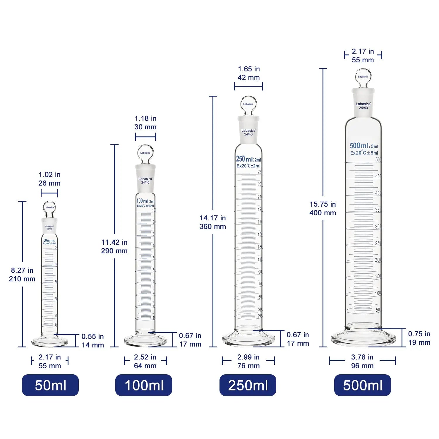 Graduated Cylinder with Stopper, 50-500 mL Labasics