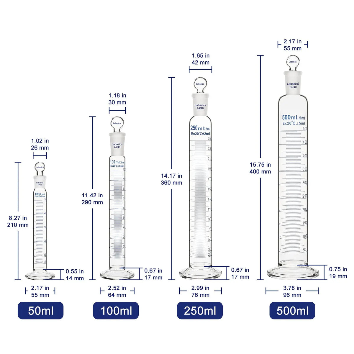 Graduated Cylinder with Stopper, 50-500 mL Labasics