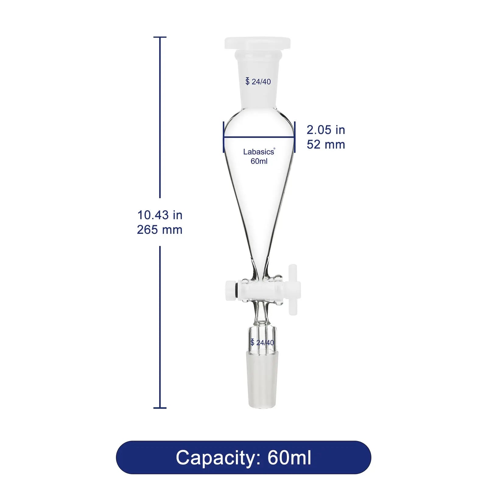 Conical Separatory Funnel, Two 24/40 Joints, 60-250ml Labasics shop