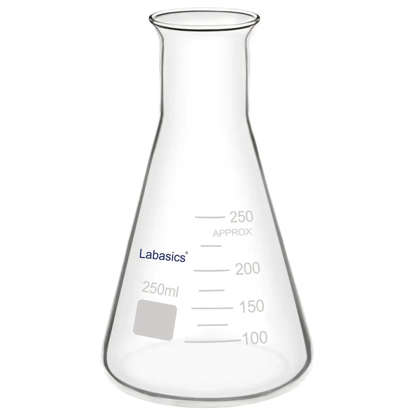 Wide mouth Erlenmeyer flask, 250 mL, borosilicate glass, heat-resistant up to 250°C, easy filling design for laboratory mixing and reactions