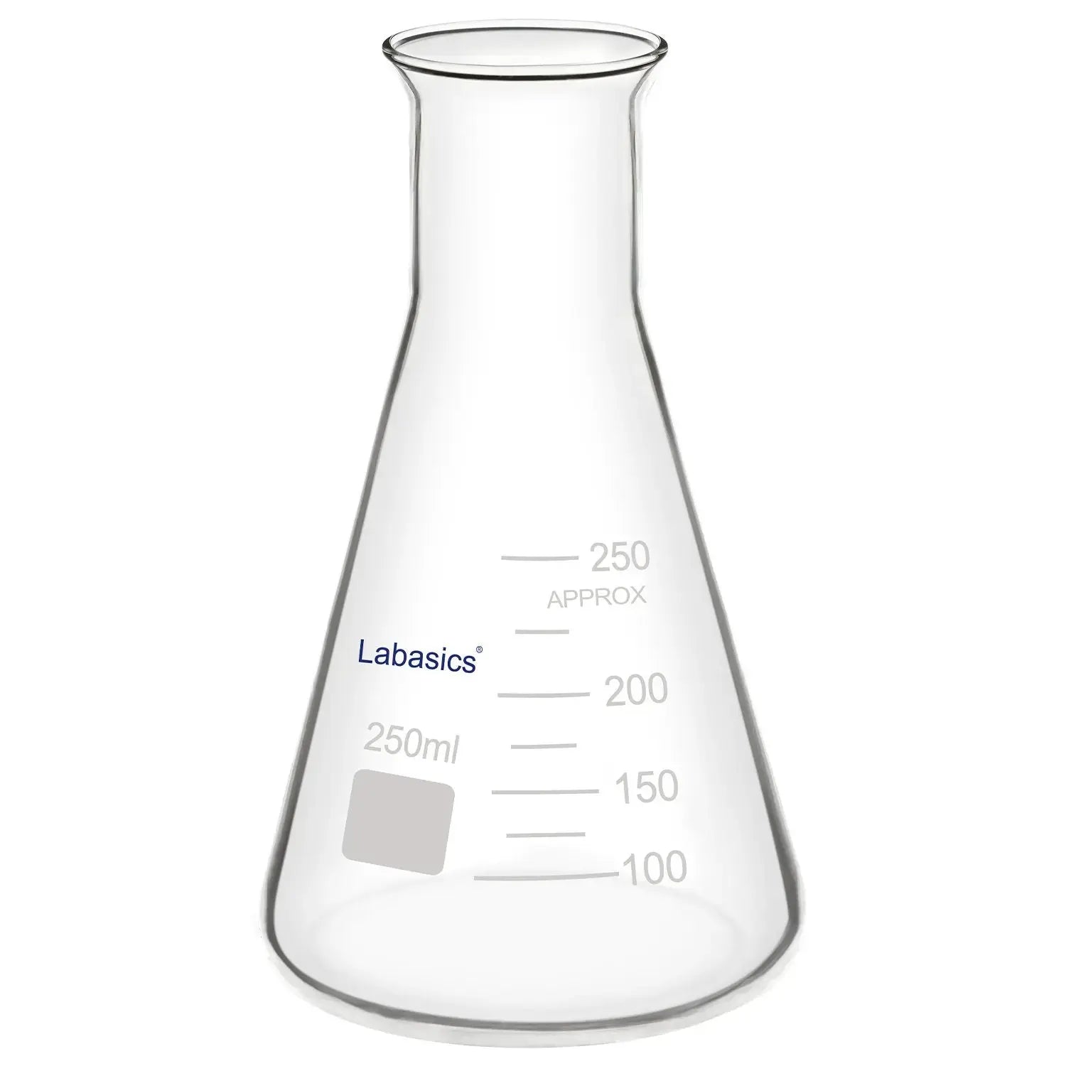 Wide mouth Erlenmeyer flask, 250 mL, borosilicate glass, heat-resistant up to 250°C, easy filling design for laboratory mixing and reactions