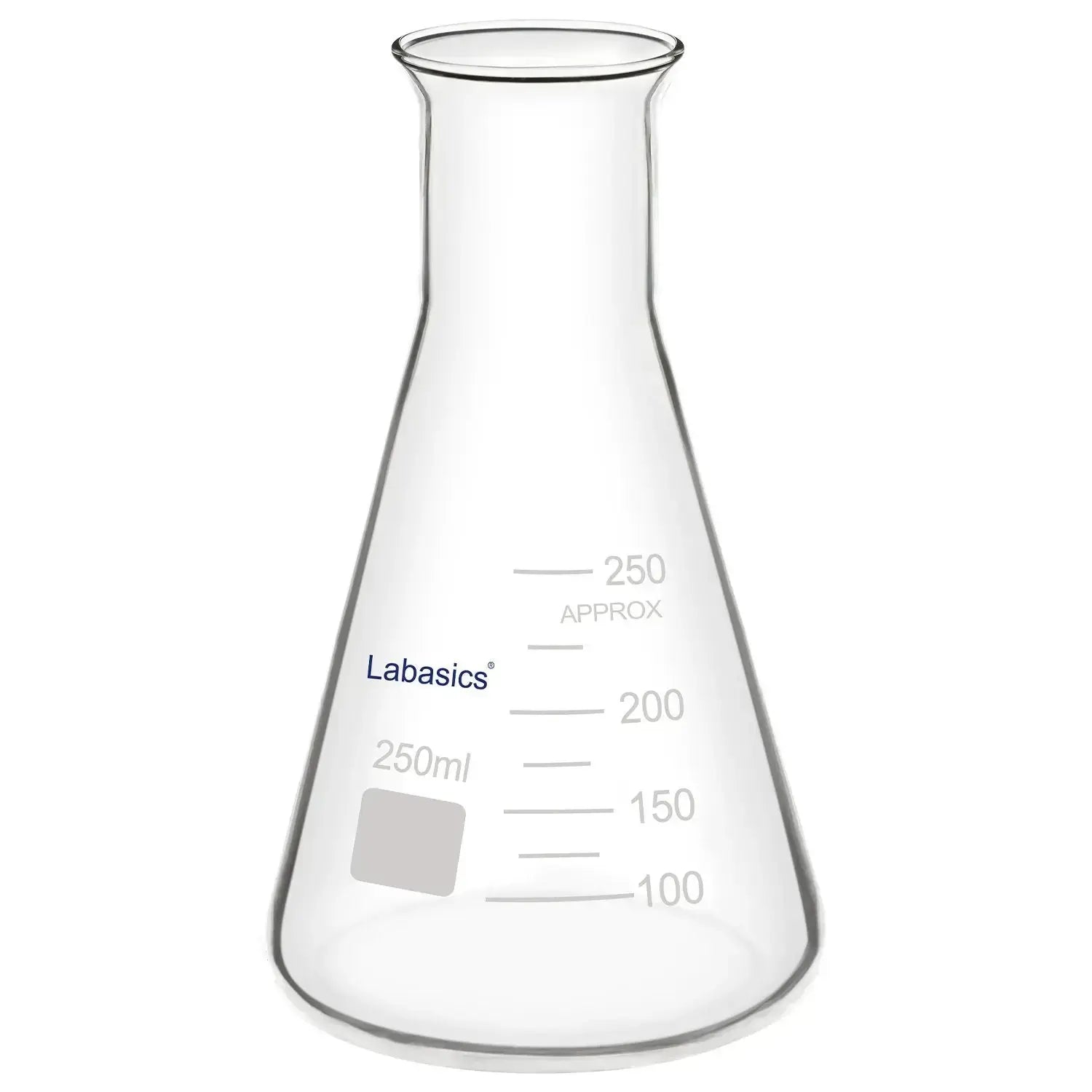 Wide mouth Erlenmeyer flask, 250 mL, borosilicate glass, heat-resistant up to 250°C, easy filling design for laboratory mixing and reactions