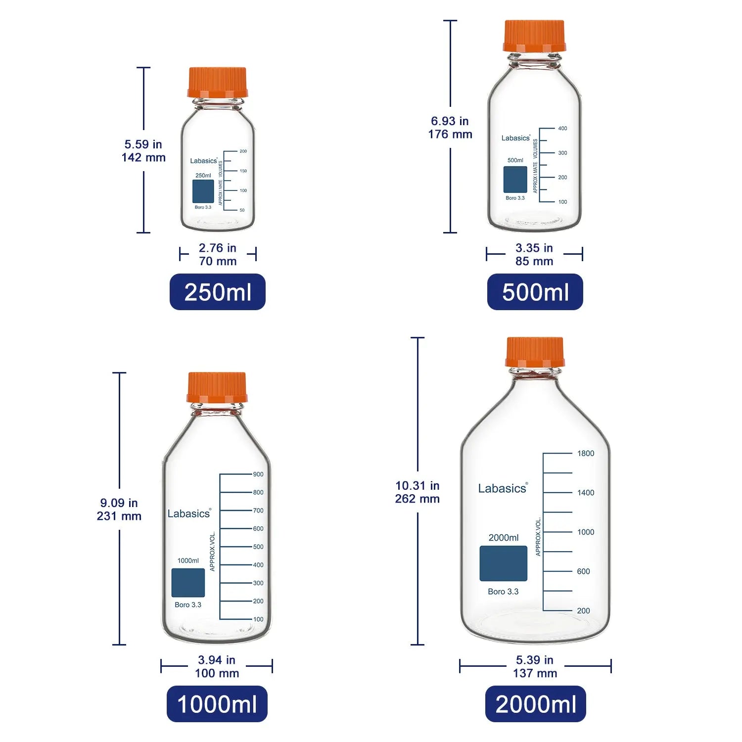 Transparent Media Storage Bottle, Borosilicate Glass, 250–2000 mL Labasics Shop