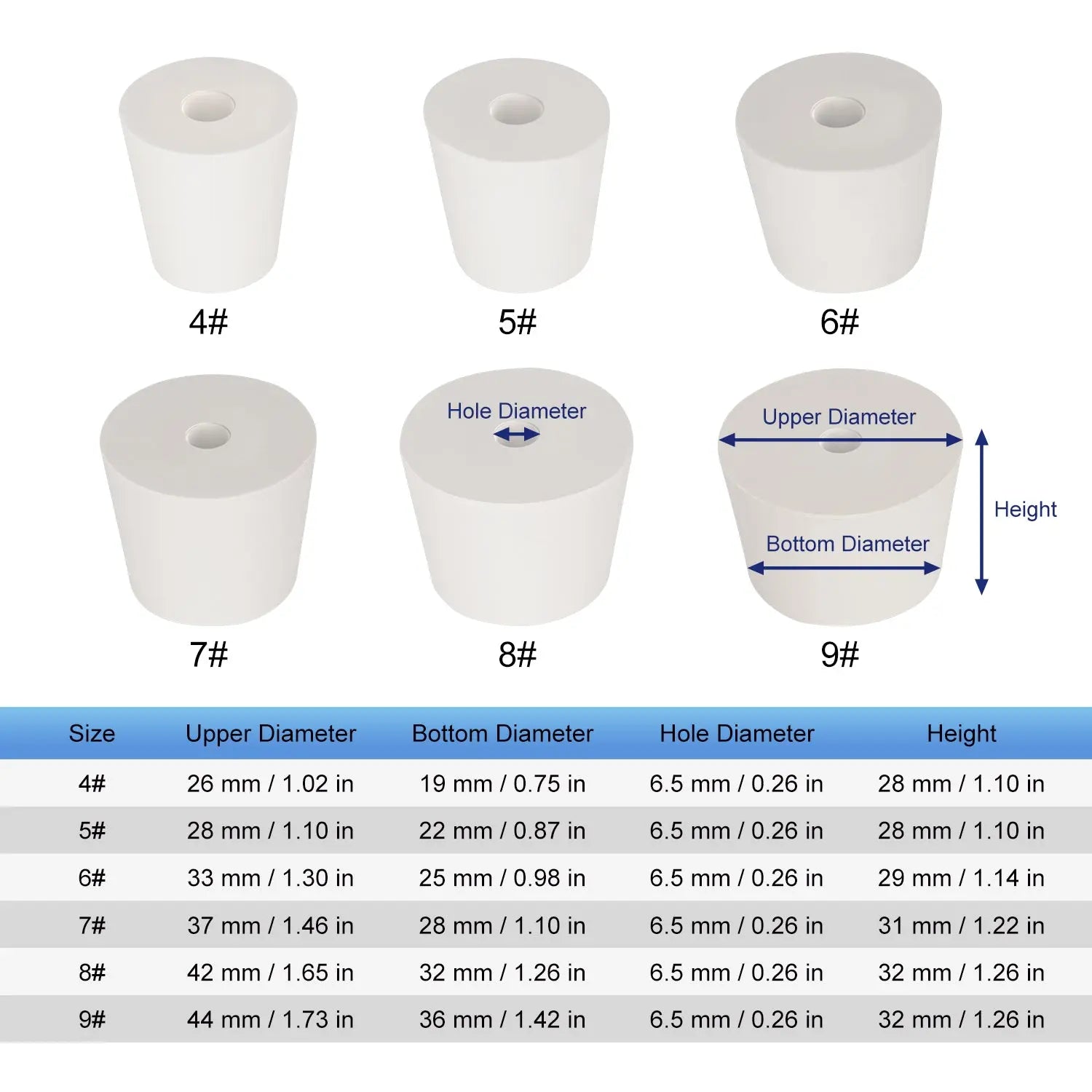 Single-Hole Rubber Stoppers, 5-Pack White Tapered Lab Seals Labasics