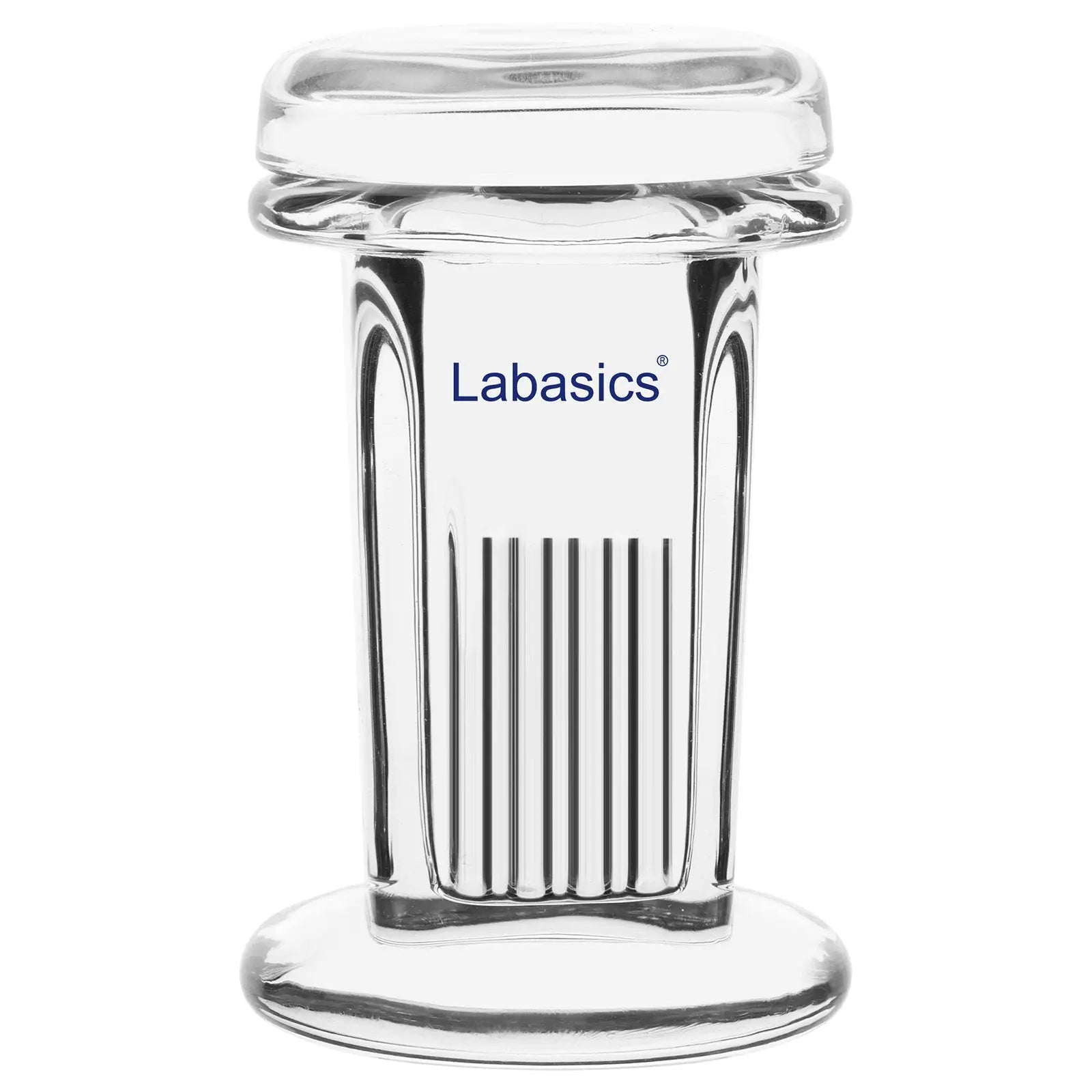 Round TLC developing tank, 2.6 cm inner diameter, 7.1 cm height, borosilicate glass, narrow base for solvent-saving, fits TLC plates up to 2.5×7.5 cm, secure sealing lid for lab chromatography