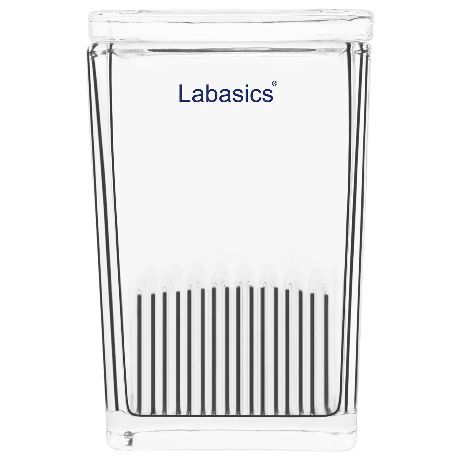 Square TLC developing tank, 5.4×3×8.7 cm, borosilicate glass, narrow base for solvent-saving, fits TLC plates up to 2.5×7.5 cm, secure lid, for lab chromatography applications