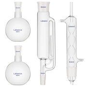 Soxhlet extractor set, 4-piece borosilicate glass kit, includes 45/40 joint extractor, Allihn condenser, and 24/40 500 mL flasks, for continuous solid-liquid extraction and reflux experiments
