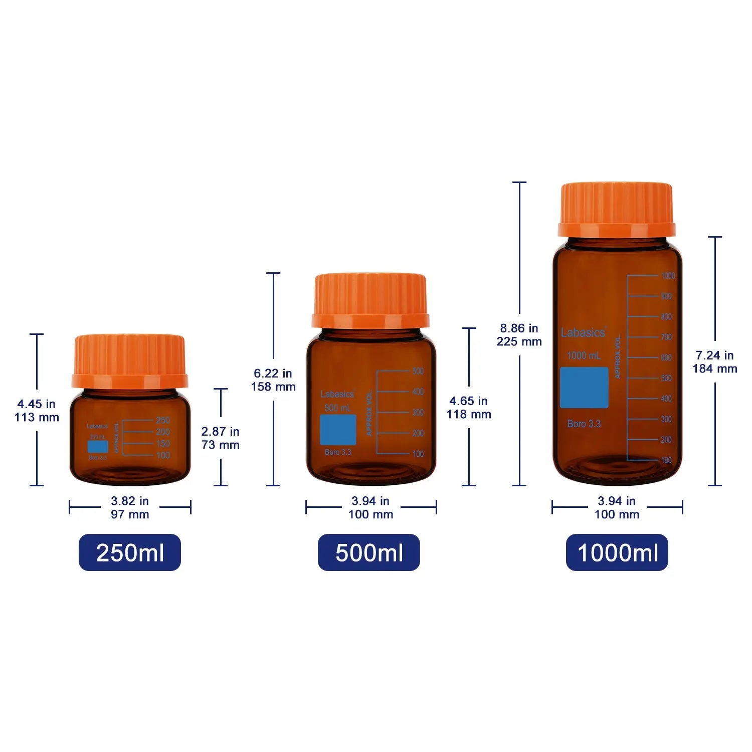 Amber Media Storage Bottles in 250 mL, 500 mL, and 1000 mL Capacities