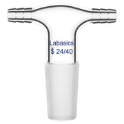 Glass T-shaped vacuum adapter with dual hose inlets and 24/40 joint, suitable for controlling gas or liquid flow in lab systems
